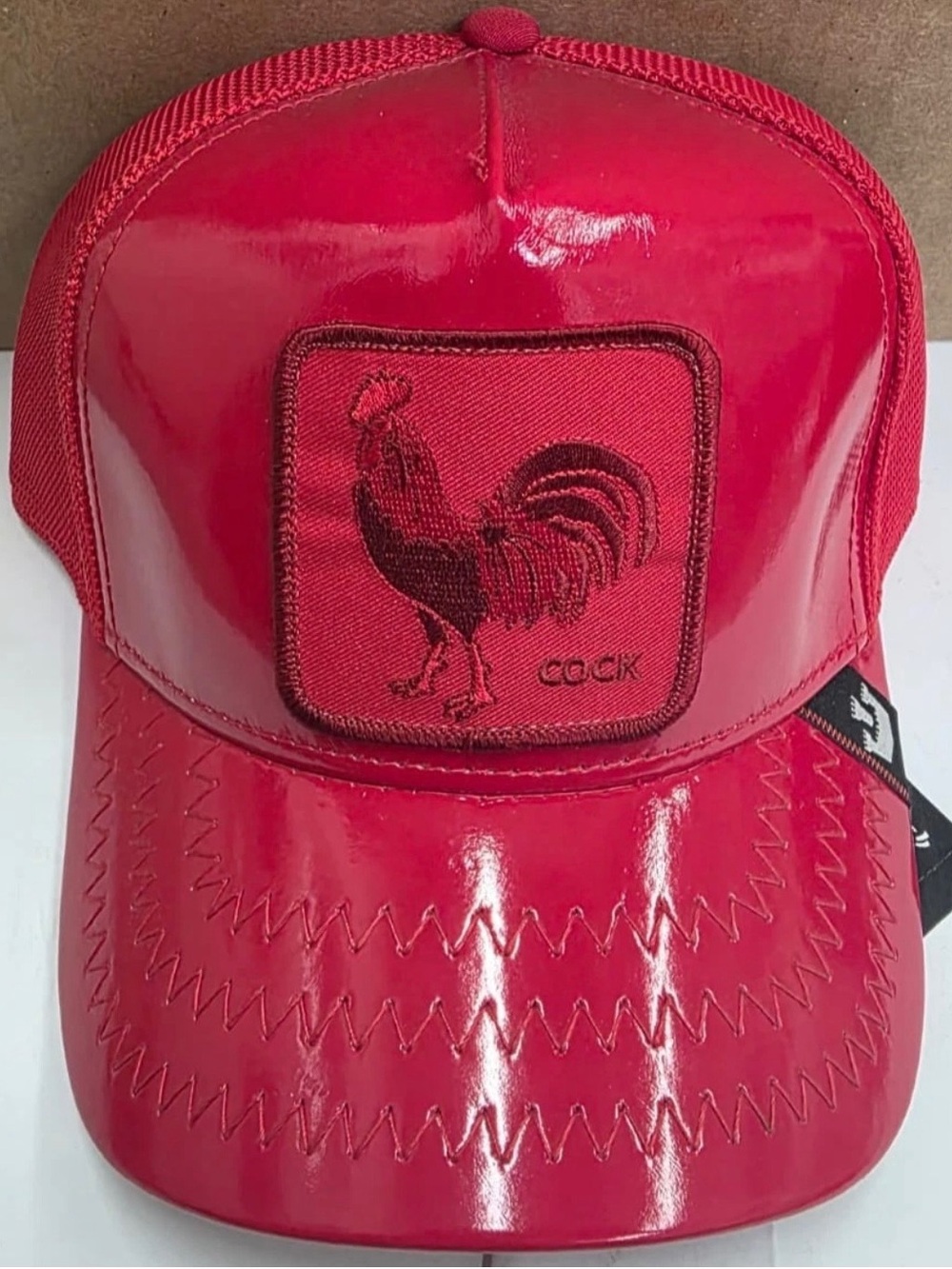 Glossy Red Trucker Cap with Rooster Patch